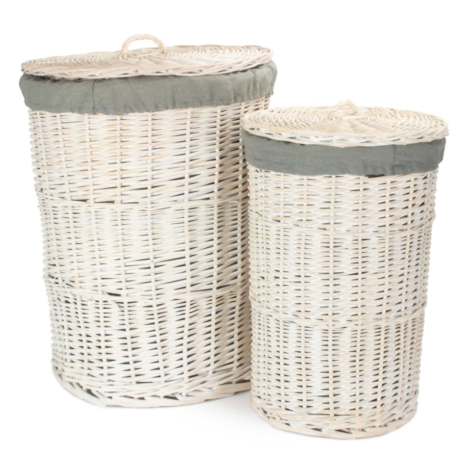 image 1 of Set of 2 Round White Wash Laundry Hamper with Grey Sage Lining | Grey | Grey