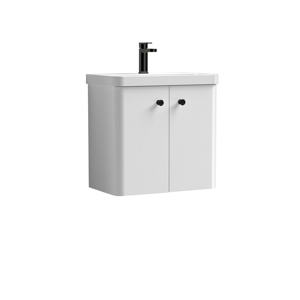 Curve Wall Hung 2 Door Vanity Basin Unit - 600mm - Gloss White with Black Round Handles (Tap Not Included) White