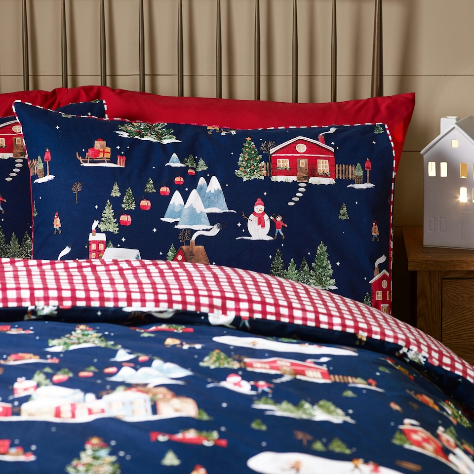 image 1 of Catherine Lansfield Christmas Ski Village Reversible Duvet Cover Set Navy Blue Blue | Navy Blue | Super King