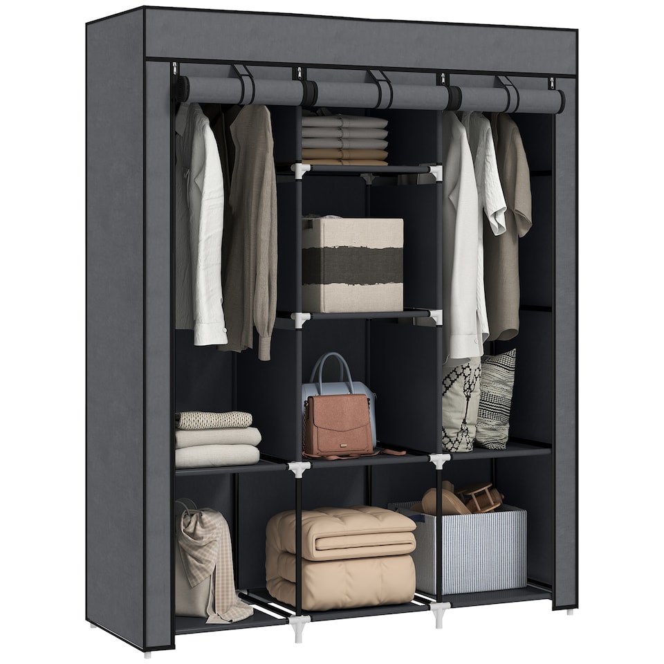 image 1 of HOMCOM Fabric Wardrobe, Portable Wardrobe, Clothes Storage Unit with 8 Shelves, 2 Hanging Rods, 125 x 43 x 162.5 cm, Dark Grey | Grey | Dark Grey