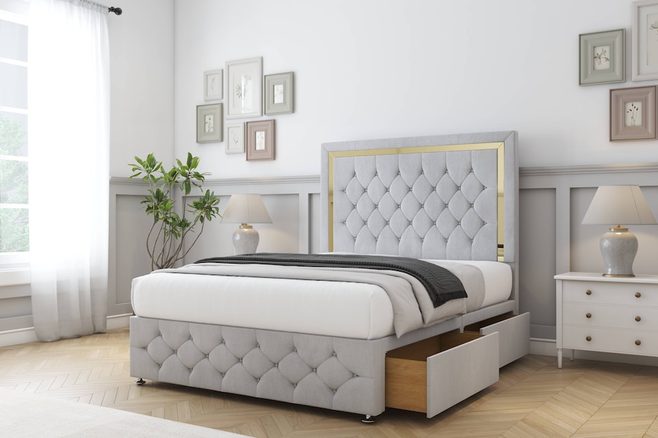 image 1 of Sloomy Sofia Gold Silver Naples Divan Bed Base 2 Drawers Foot-End With 54 Inch Floor Standing Headboard & 12 Inch Matching Footboard | Silver | Silver | Small Double | 1