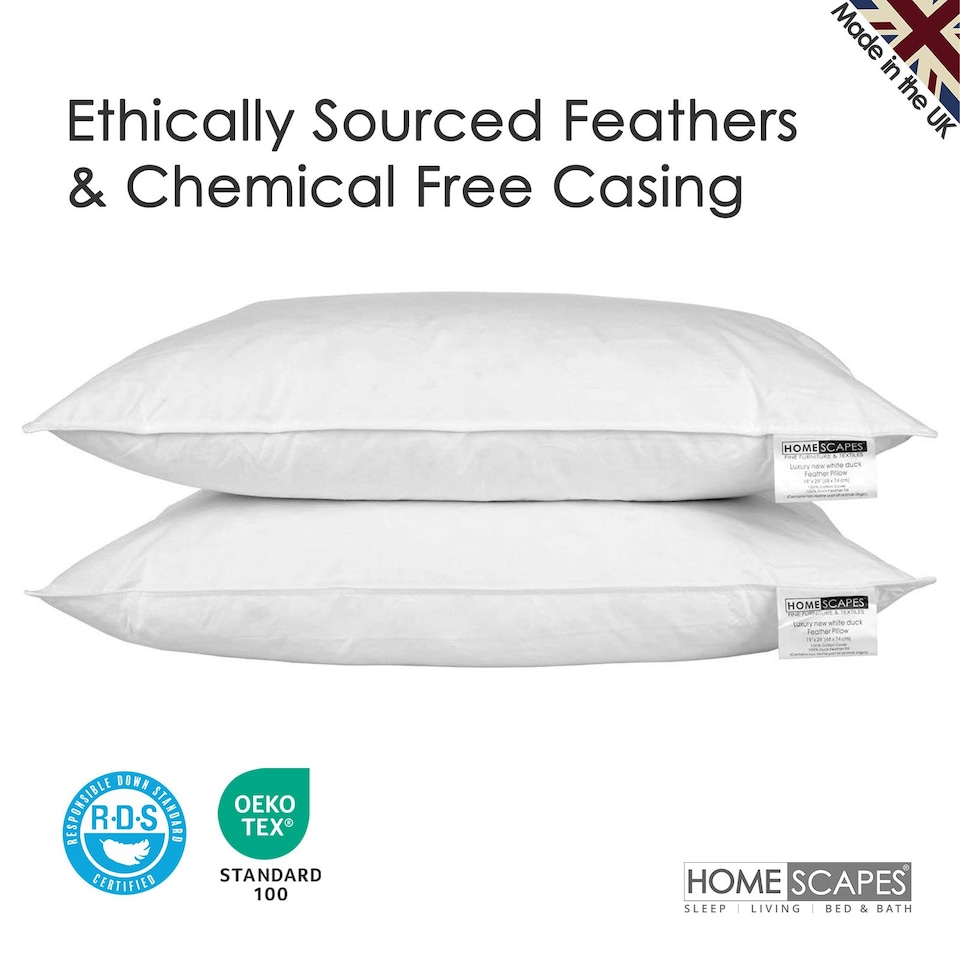 image 1 of Homescapes White Duck Feather Pillow Pair White