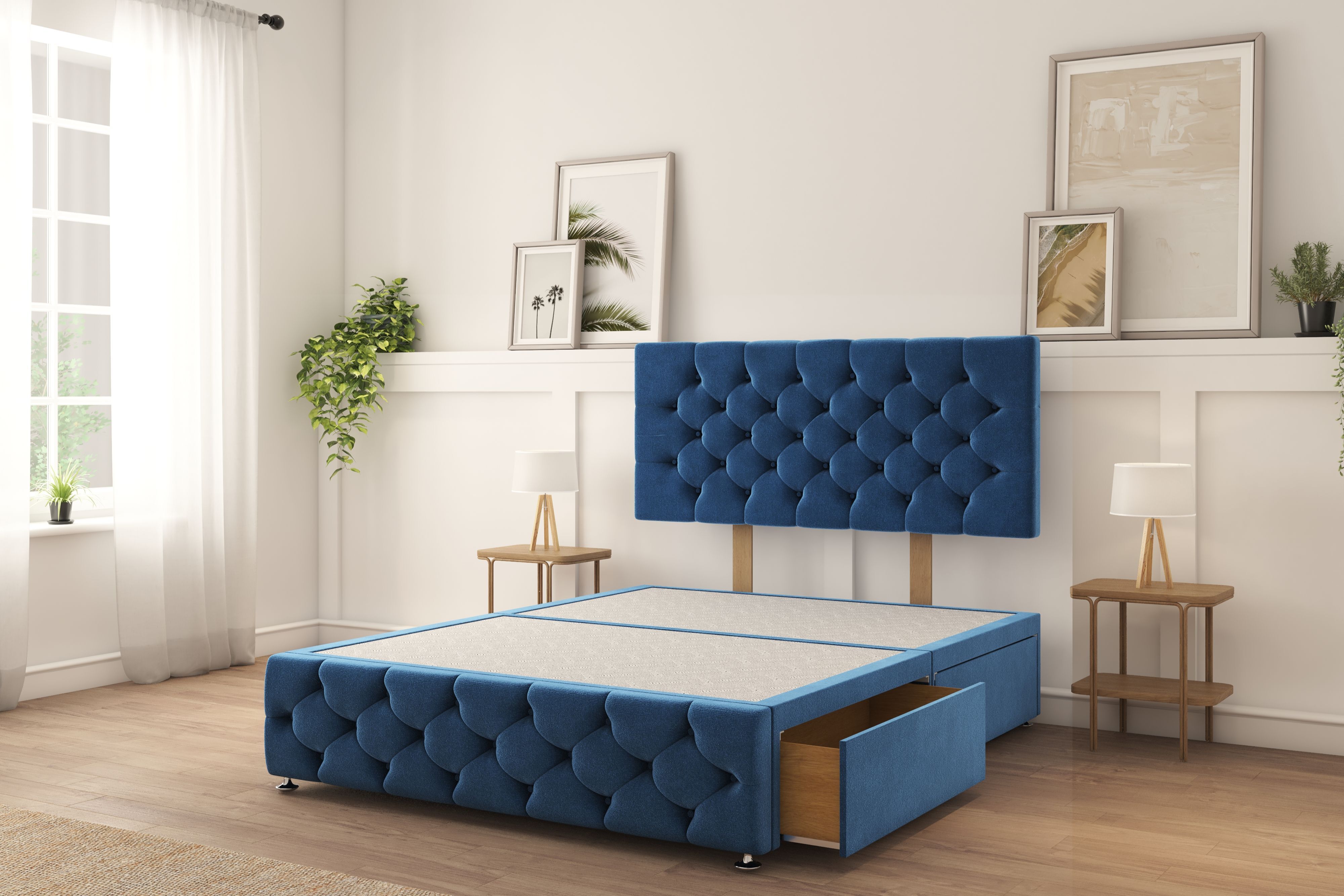Sloomy Watson Navy Plush Divan Bed Base 2 Drawers Foot-End With 26" Strutted Headboard & 12" Footboard 5' King