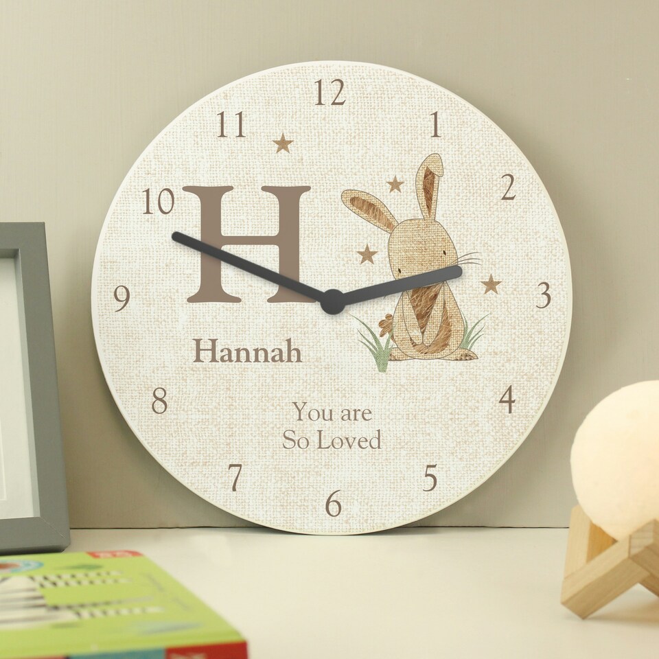 image 1 of Personalised Hessian Rabbit Shabby Chic Large Wooden Clock