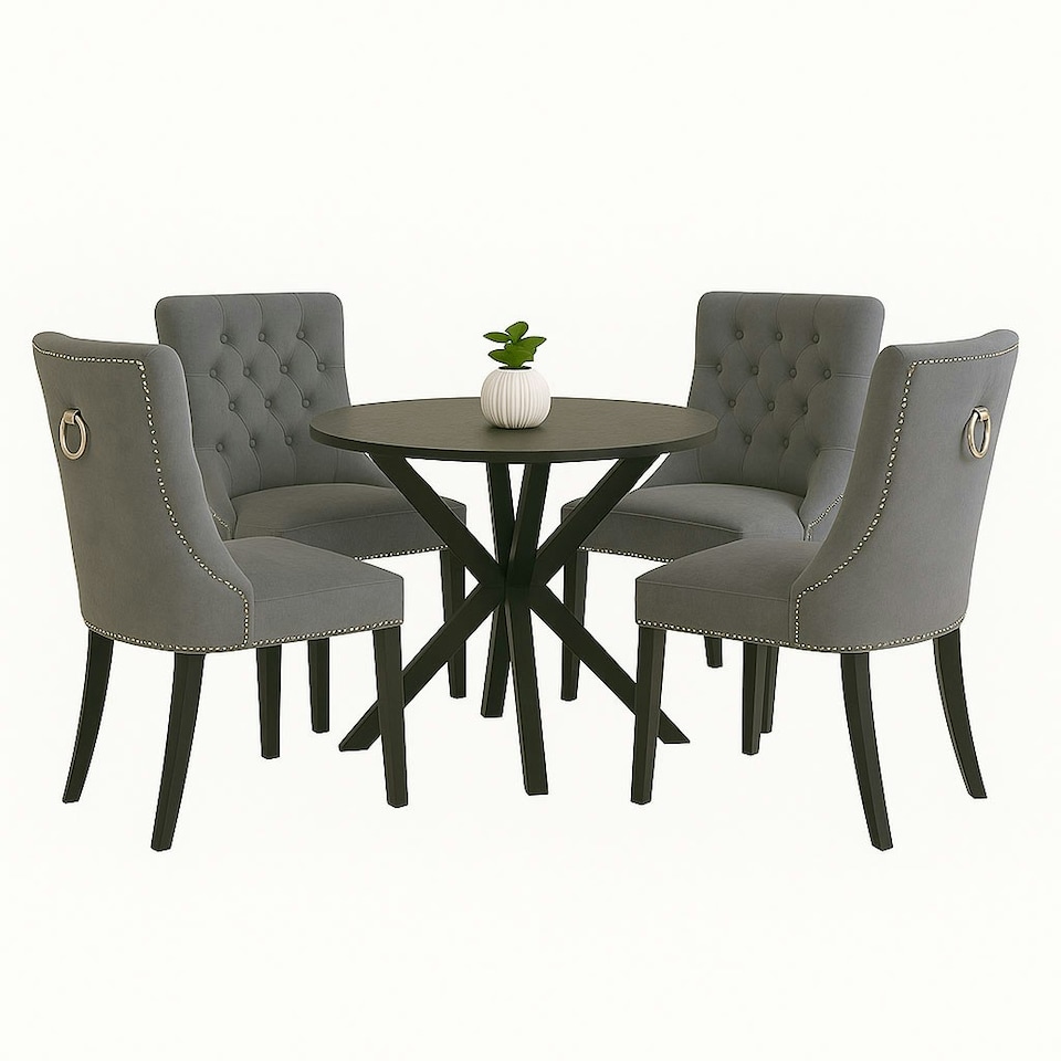 image 1 of Grey Set of Four Studded Velvet Dining Chair with Ring Knocker Detail Grey | Light Grey