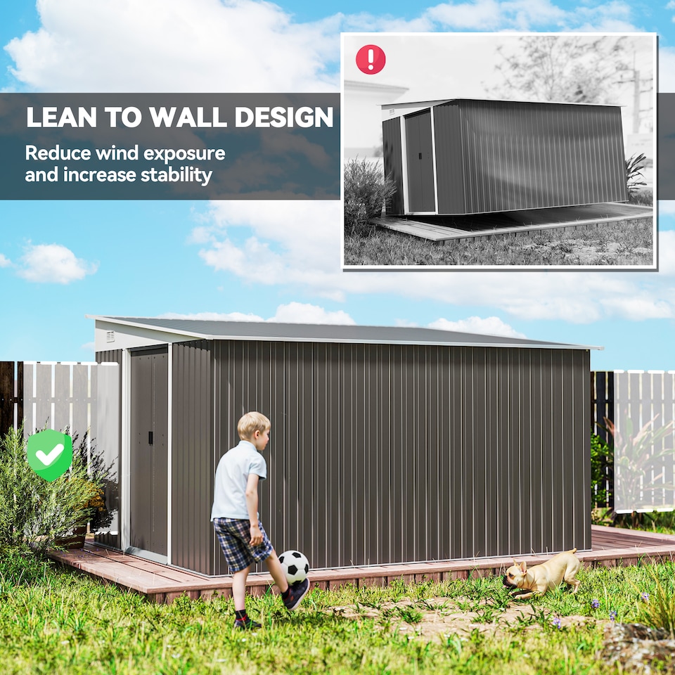 image 1 of Outsunny 11.3 x 9.2ft Lean to Metal Garden Shed, Outdoor Galvanised Tool Storage House with Double Sliding Doors and 2 Air Vents, Grey