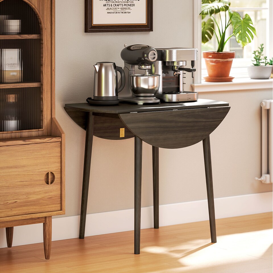 image 1 of HOMCOM Folding Dining Table for 4, Round Drop Leaf Table, Modern Space Saving Small Kitchen Table with Wood Legs for Dining Room, Grey