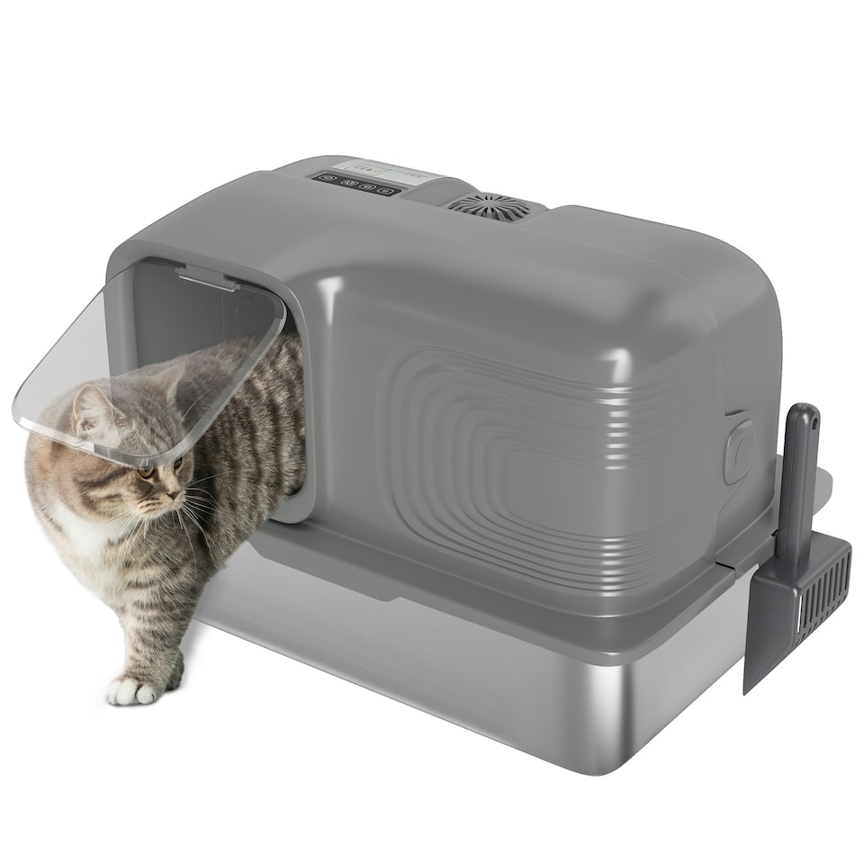 image 1 of PawHut 65L XL Stainless Steel Litter Tray with Plasma Deodoriser System Grey | One Size