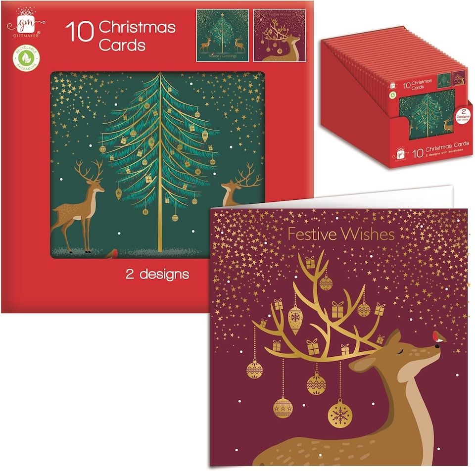image 1 of Pack of 10 Festive Contemporary Reindeer Design Square Christmas Cards With Envelopes