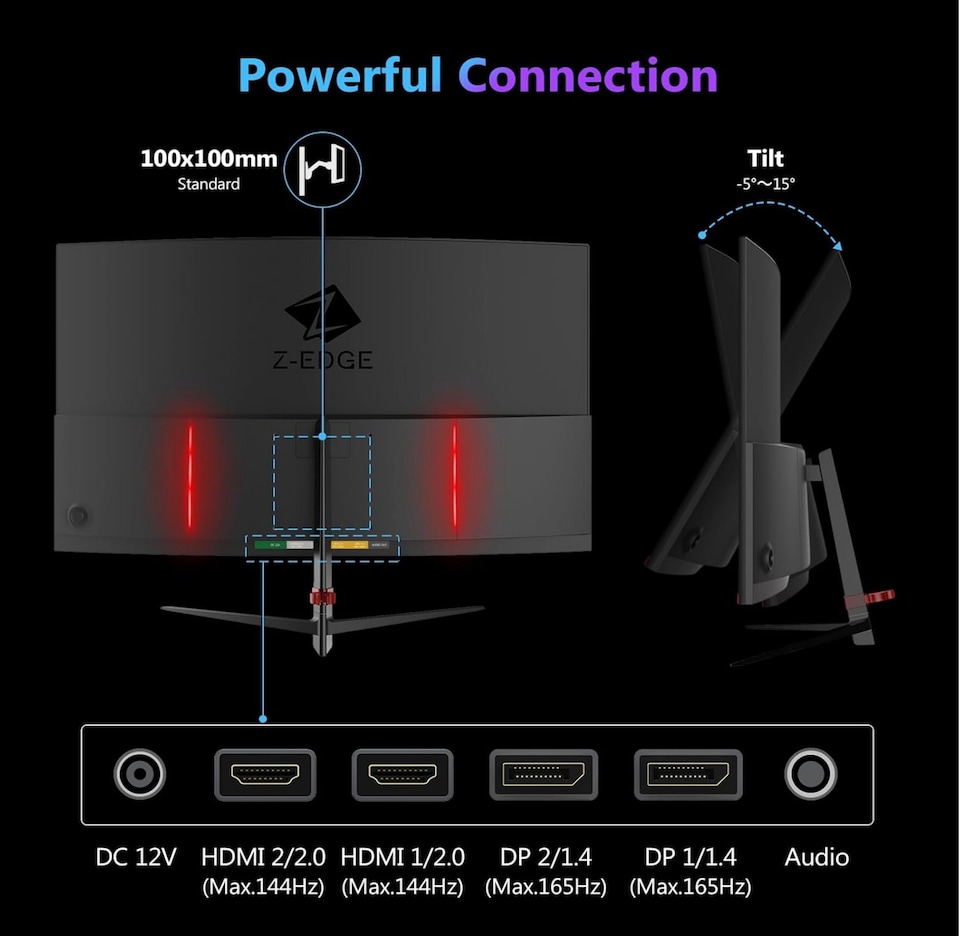 image 1 of Z-Edge 27 Inch QHD Curved Gaming Monitor 165Hz 144Hz 1440P VA 1500R HDMI DP | PC Monitor 2K 2560x1440 16:9 1ms MPRT, 130% sRGB, 300cd/m² Brightness, FreeSync, Crosshair, VESA Mountable, Black