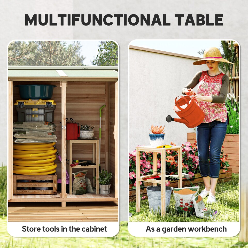 image 1 of Outsunny Small Shed, Wooden Garden Shed with Flexible Table, Hooks and Ground Nails, Lockable Tool Garden Organiser with Asphalt Roof, 140 x 75 x 157cm, Natural