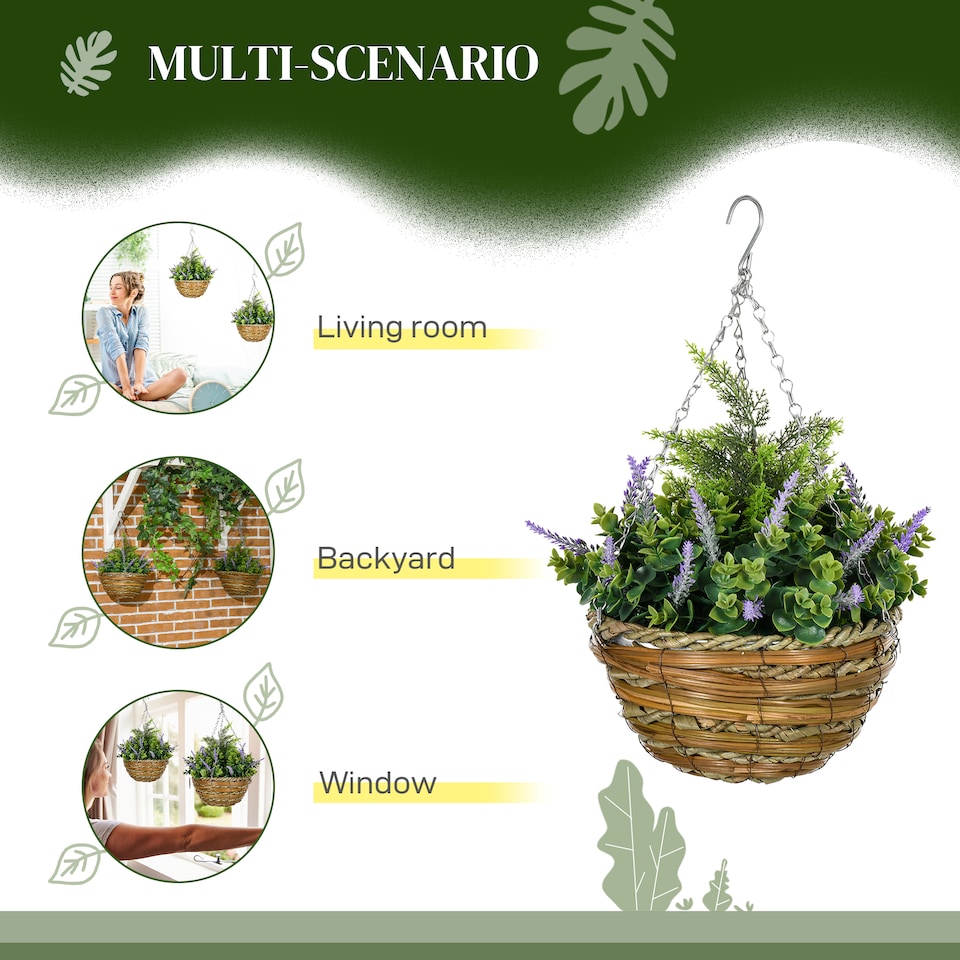 image 1 of Outsunny Pack of 2 FauPlant Artificial Lavender Flowers Hanging Planter with Basket for Indoor Decoration, Purple