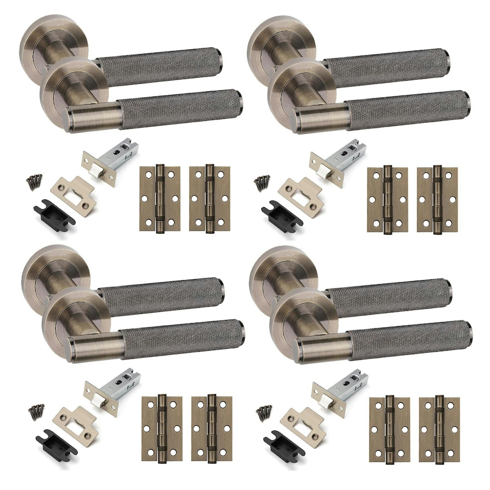 image 1 of Golden Grace 4 Sets Straight T-Bar Knurled Door Handles in Antique Brass Finish with Tubular Latch and 1 Pair of 3" Ball Bearing Hinges Bronze