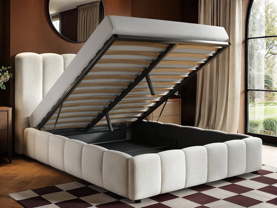 image 1 of SOLACE+CO Emilie Ribbed Ottoman Kingsize Bed Cream Boucle