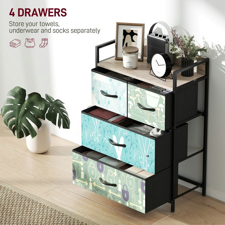 image 1 of HOMCOM 4-Drawer Chest of Drawers, Fabric Dresser with Open Shelf, Blue Blue | Black, Brown