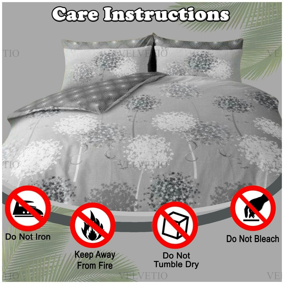 image 1 of VELVETIO Botanical Dandi Complete Duvet Cover Set with Fitted Sheet Soft Polycotton Bedding Sets Grey | Double