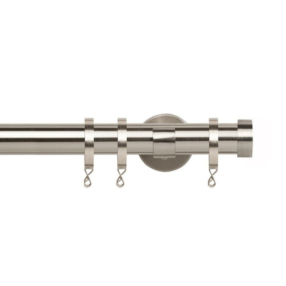 image 1 of 35mm Fixed Length Metal Curtain Pole Set Satin Silver End Cap Finial 110cm | Silver | Silver