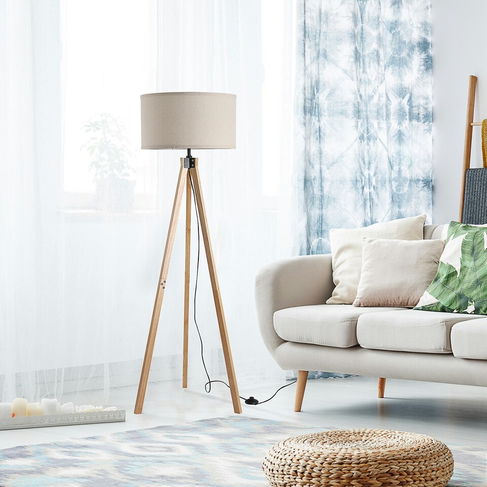 image 1 of HOMCOM Wood Tripod Floor Lamp Home Lighting Elegant E27 Bulb Linen Shade Beige
