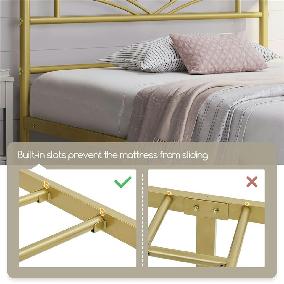 image 1 of Yaheetech Metal Platform Bed Frame with Cloud-inspired Design Headboard Antique Gold, 3ft Single
