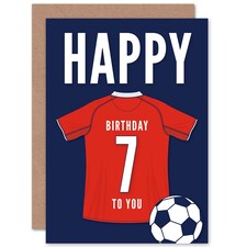 Football Strip Kit Red Jersey Top On Age 7 Year Old Child Kids 7th Birthday Card