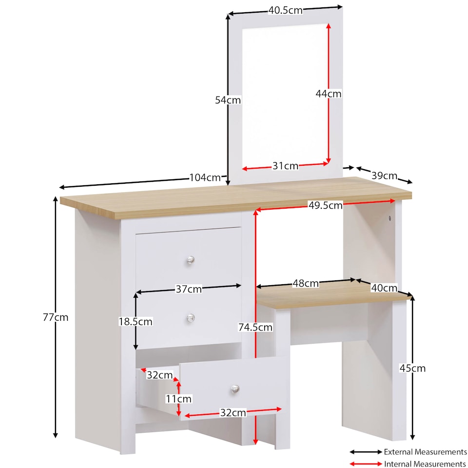 image 1 of Vida Designs Arlington 3 Drawer Dressing Table Mirror & Stool Set Vanity Makeup Desk, White & Oak