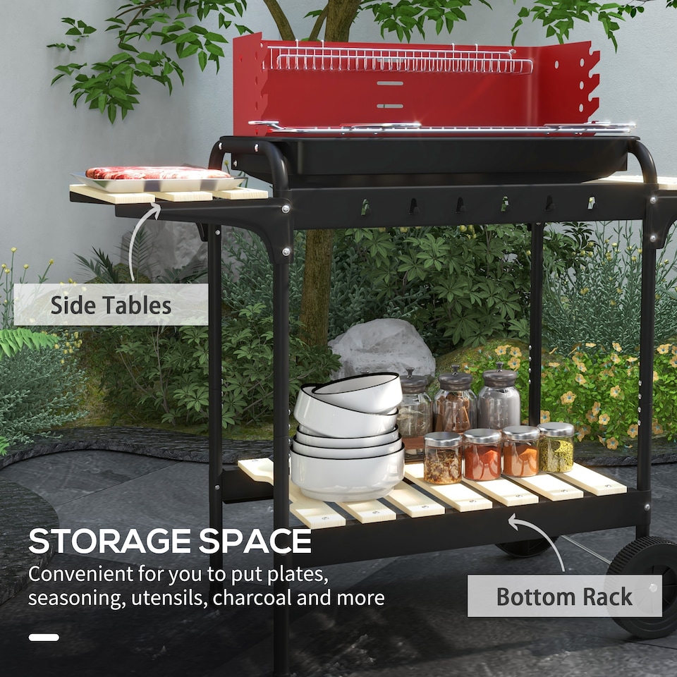 image 1 of Outsunny Charcoal Barbecue BBQ Grill Trolley W/ 5-level Grill Height Ash Catcher | Red | Red