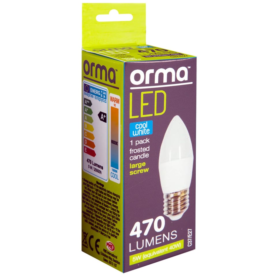 image 1 of PMS Cool White Candle LED Bulb 5W E27 Frosted - Large, 470 lm, Non-Dimmable
