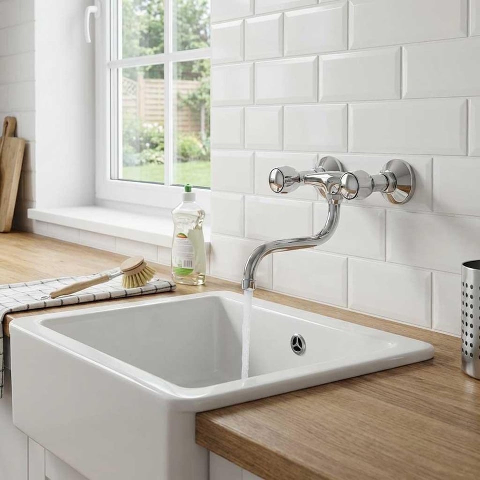 image 1 of Kitchen Bathroom Wall Mounted Cold/Hot Water Tap Single Lever 20cm Spout