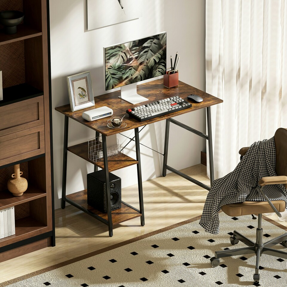 image 1 of HOMCOM 120cm Computer Table with Shelves and Steel Frame, Rustic Brown | Brown | Black | 120W x 60D x 76H cm