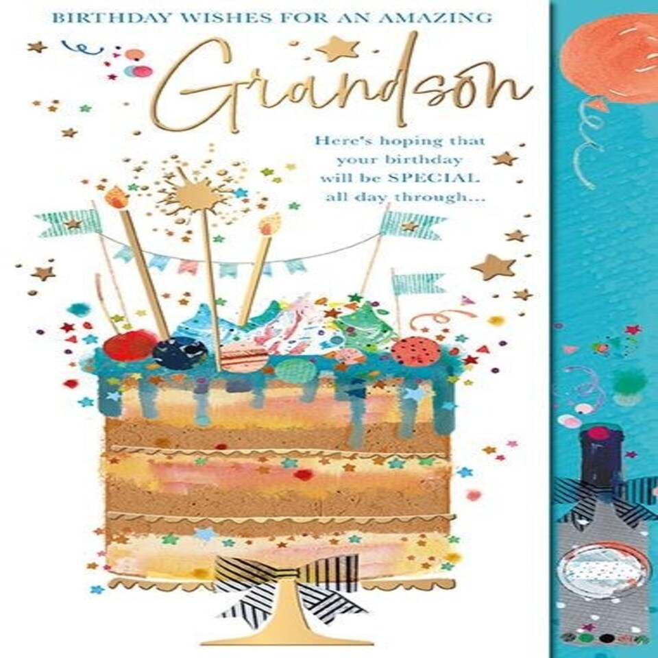 Words 'n' Wishes Traditional Amazing Grandson Birthday Card - Tiered Cake with Stars and Foil Finish - Eco-Friendly - by Words 'n' Wishes