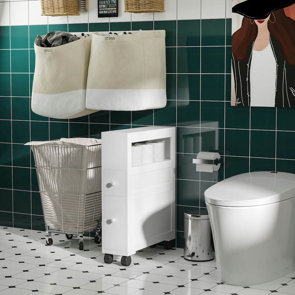 image 1 of HOMCOM 72x16cm Narrow Bathroom Storage Unit 2 Drawers Open Top 4 Wheels Slimline