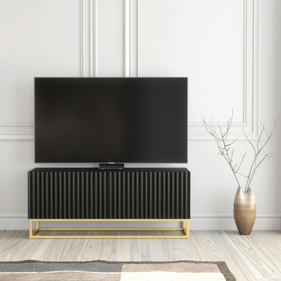 image 1 of TV Unit 100cm Black Matt Fluted Fronts with Gold Metal Base Black