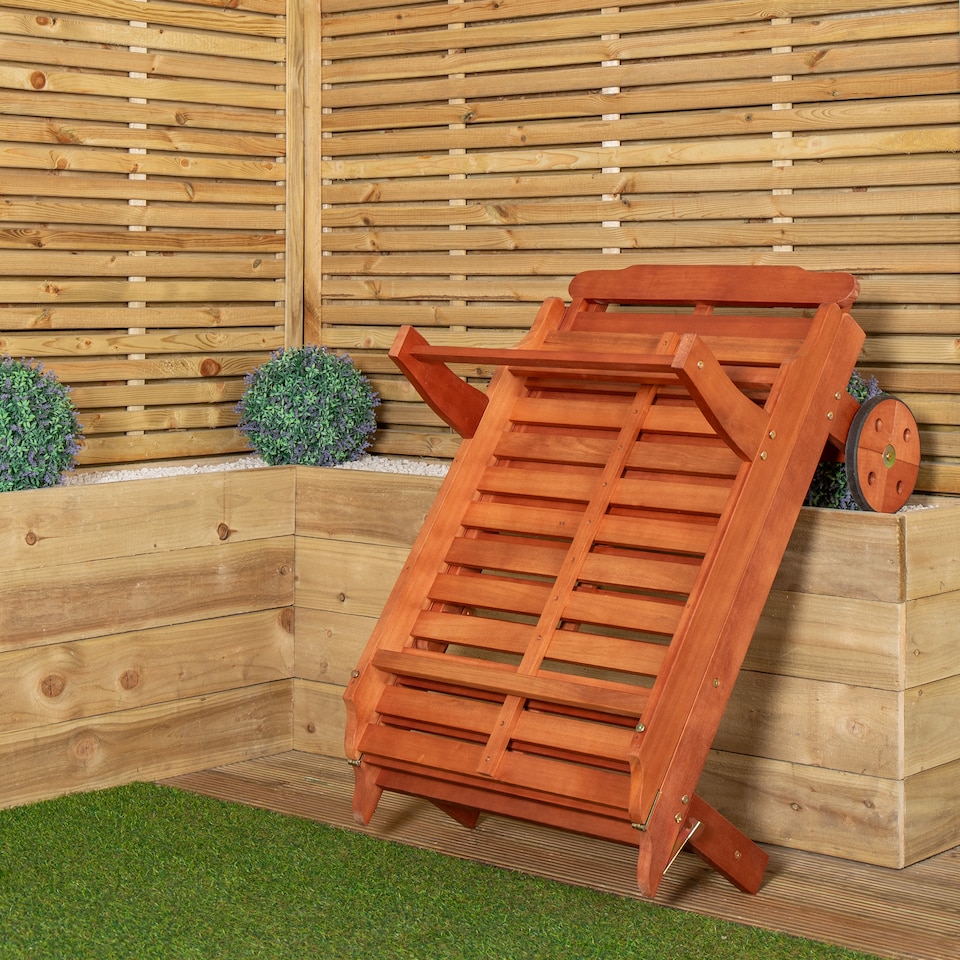 image 1 of 1.9m x 0.6m Outdoor Wooden Adjustable Foldable Sunlounger with Wheels | Brown | Brown