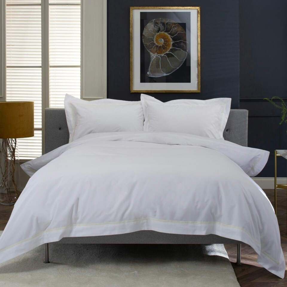image 1 of Hampstead 100% Cotton Duvet Cover Set – 200 Thread Count with Inserted Ribbon & Oxford Pillowcases Cream | White | Single