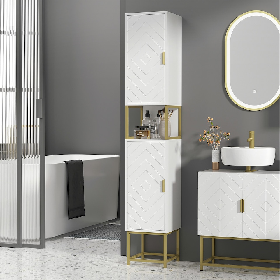 image 1 of kleankin Freestanding Bathroom Cabinet Linen Towel w/ Adjustable Shelf, 2 Doors