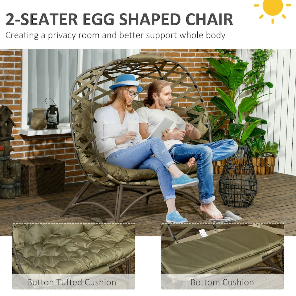 image 1 of Outsunny 2 Seater Egg Chair Outdoor with Cushion, Cup Pockets - Khaki