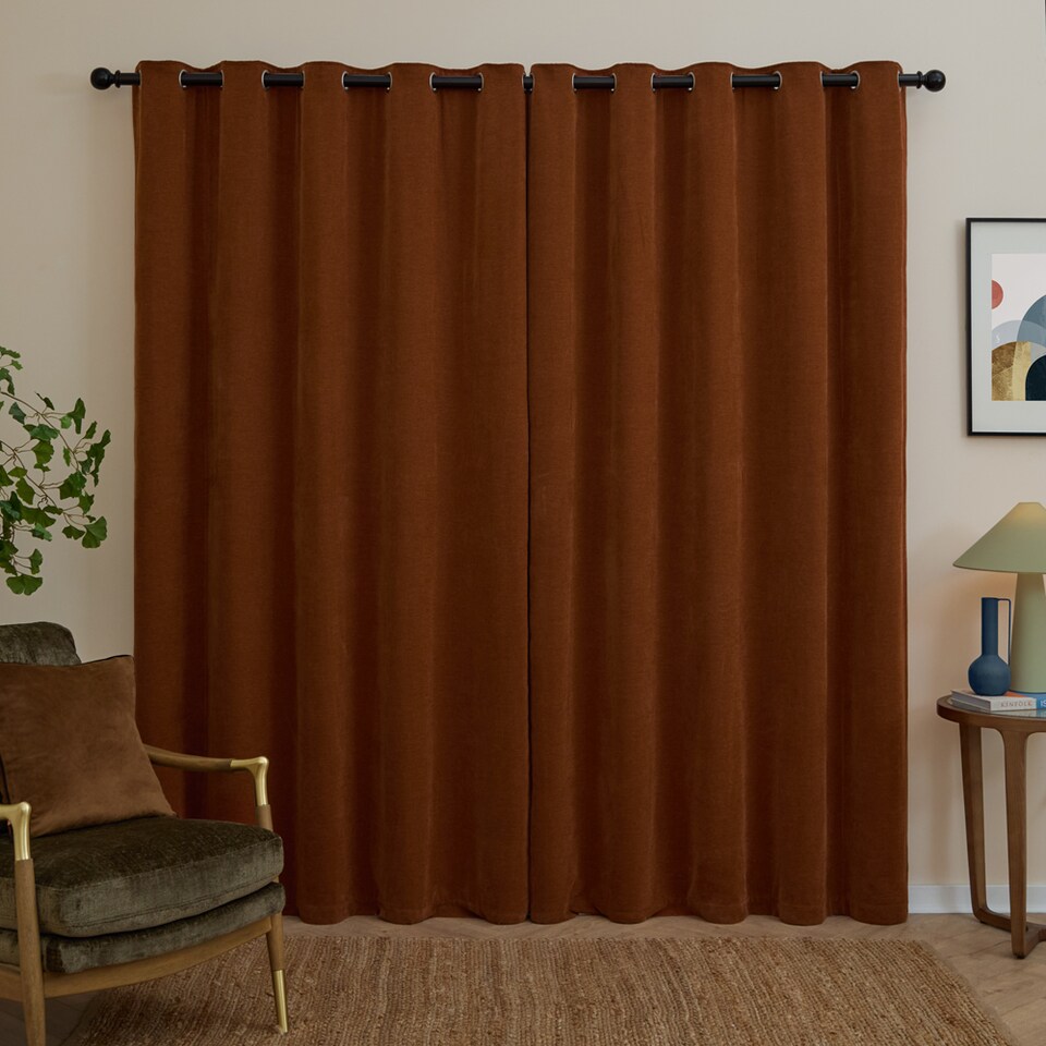 image 1 of Furn Soft Chenille Blackout Eyelet Curtain Pair, 117cm width x 183cm drop | Orange | Rust | 1