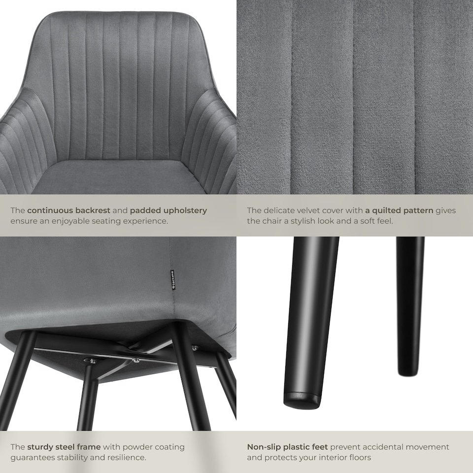 image 1 of Chair Marilyn - velvet look, quilted, continuous backrest, slim steel legs | Grey | grey/black | One Size | 2