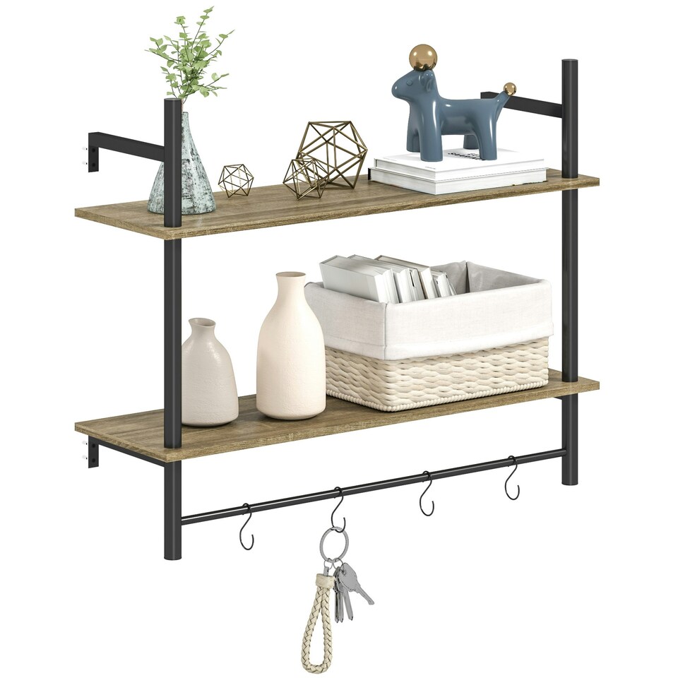 image 1 of HOMCOM Wall Shelf Unit with 4 Hooks for Living Room, Entryway, Grey