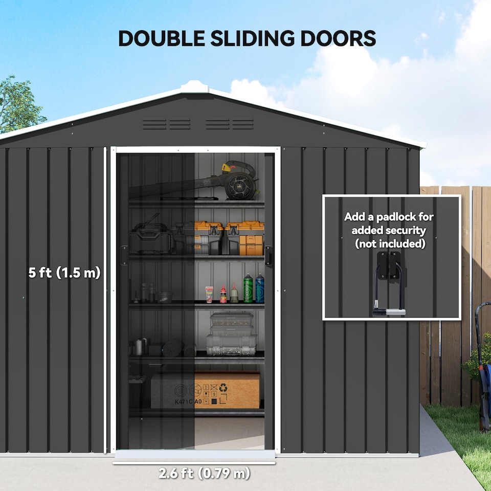 image 1 of Outsunny 8 x 6ft Metal Garden Storage Shed with Double Door, Dark Grey