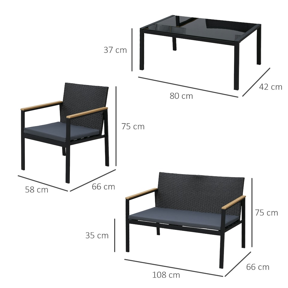 image 1 of Outsunny 4-Piece Cushioned Outdoor Rattan Wicker Chair and Loveseat Furniture