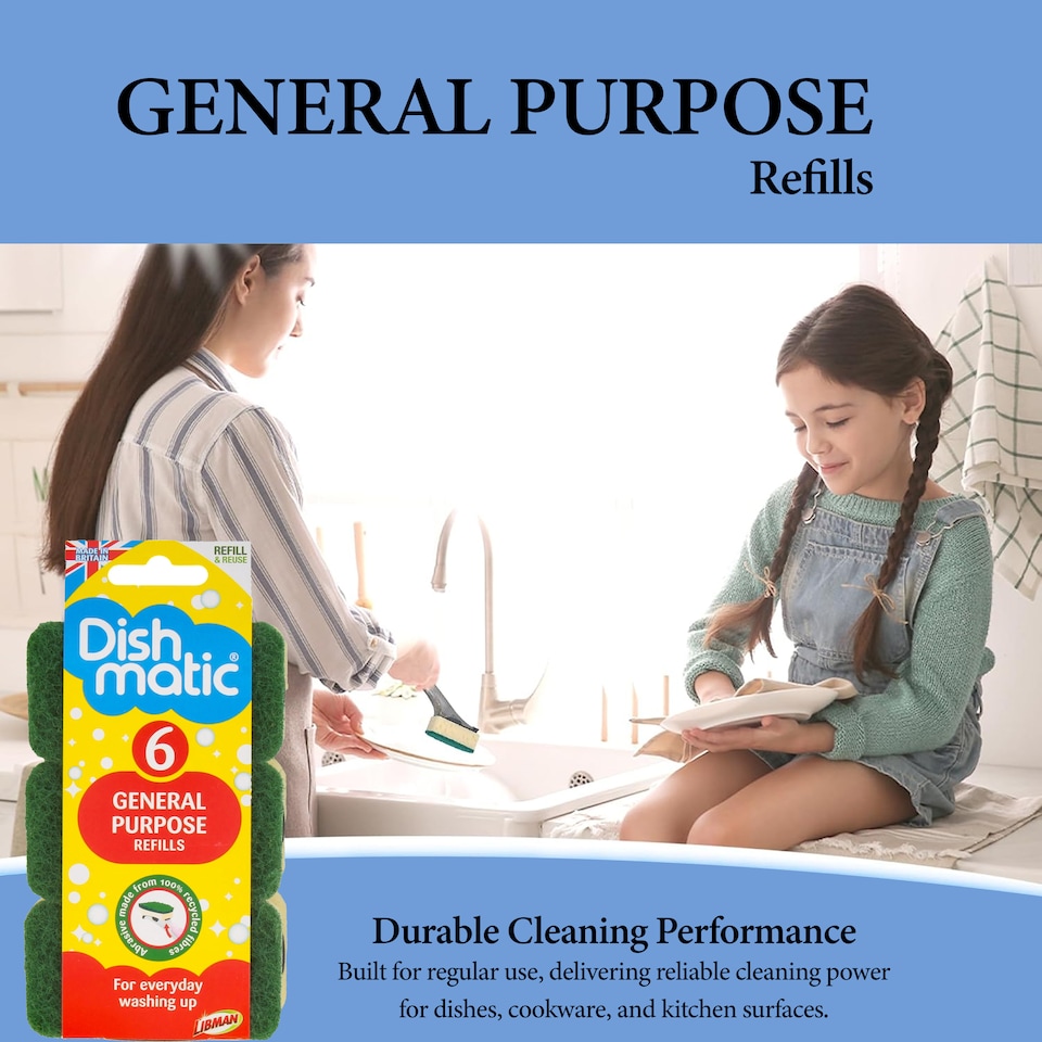 image 1 of Dishmatic Scrubbee Handle with 6 General Purpose Refills and I-Stand Fillable Washing Up Brush Set for Cleaning