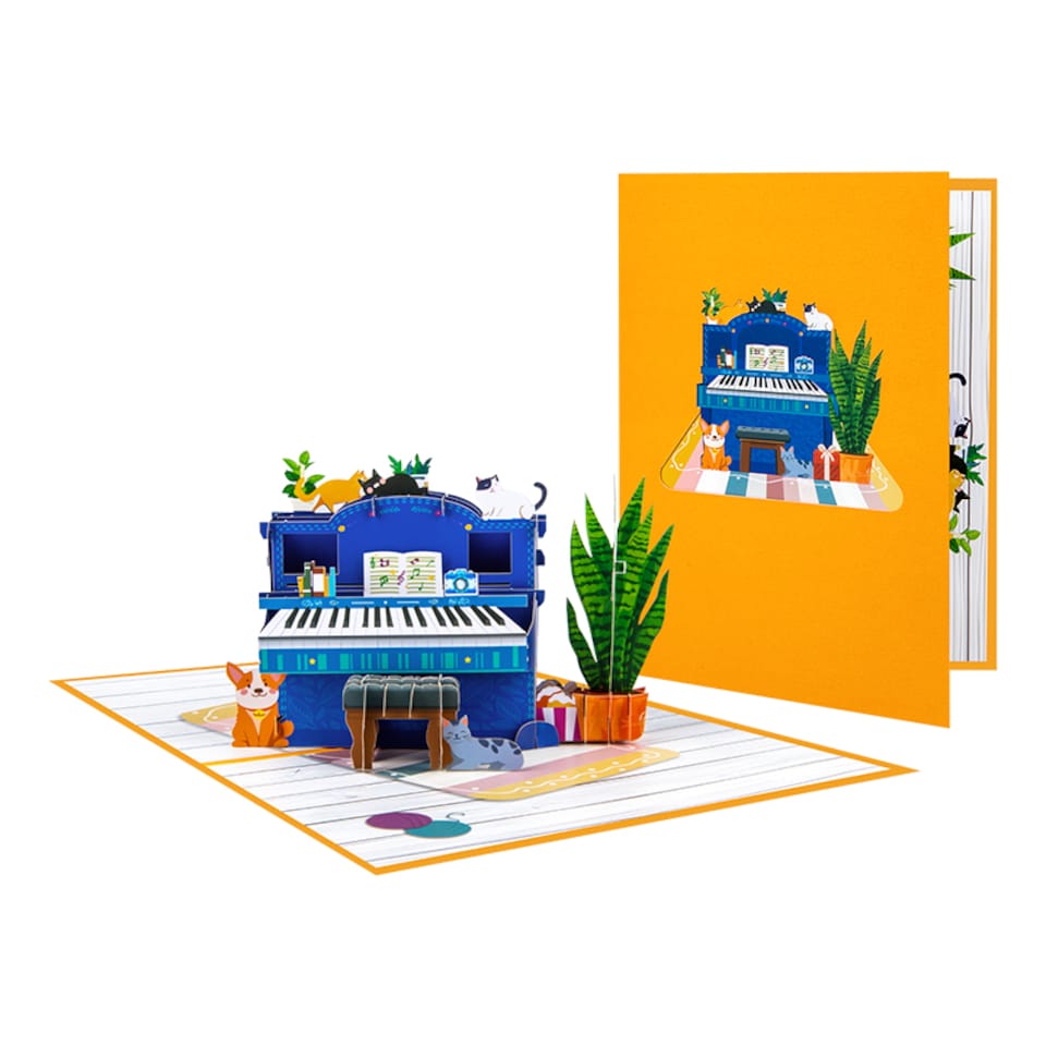 image 1 of Piano & Cats Scene Whimsical 3D Pop Up Greeting Card