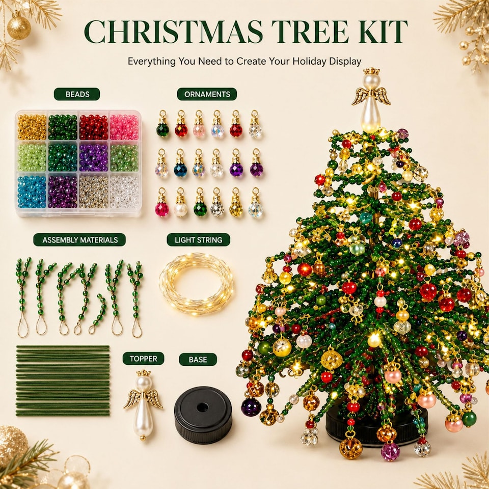 image 1 of DIY Beaded Christmas Tree Kit for Halloween, Fall & Winter Themes, Tabletop Decor
