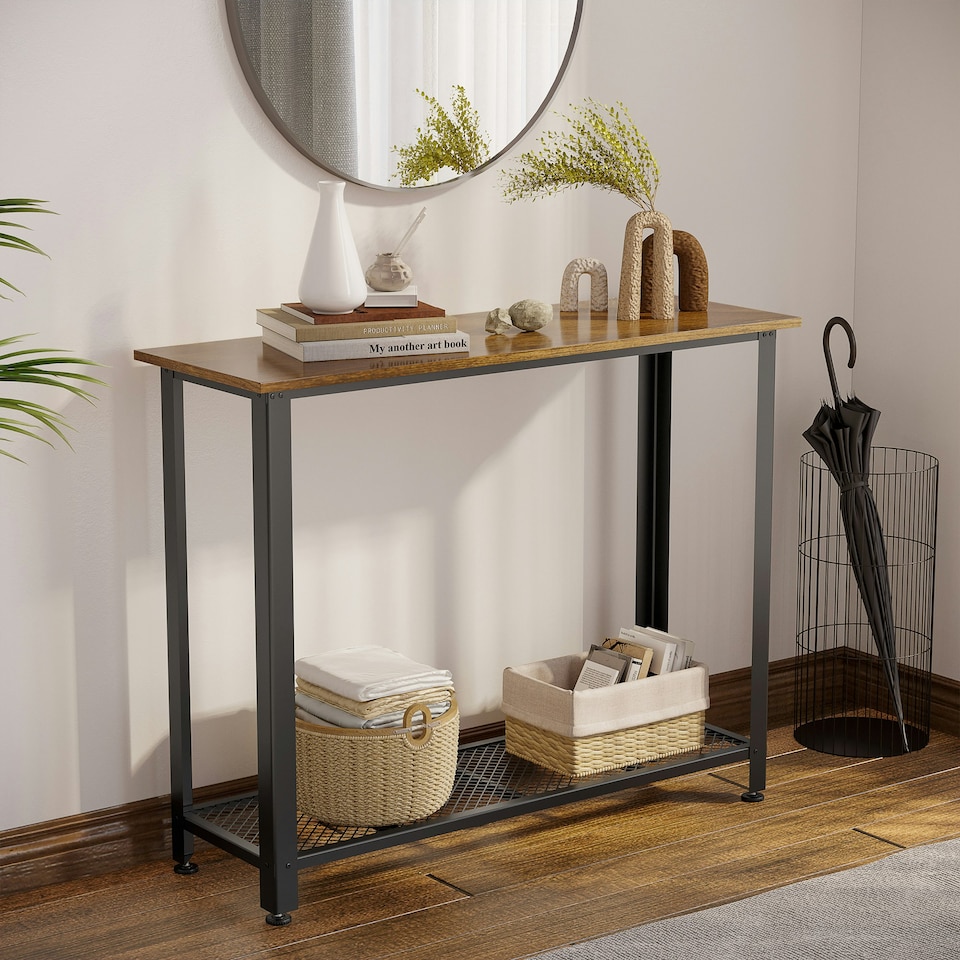 image 1 of HOMCOM 2-Tier Console Table Side Table w/ Mesh Shelf Entryway Hallway Furniture Brown | Rustic Brown, Black