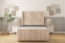 Sloomy Hargrave Sand Naples Bed Frame With 50" Upholstered Wingback Headboard 4'6 Double