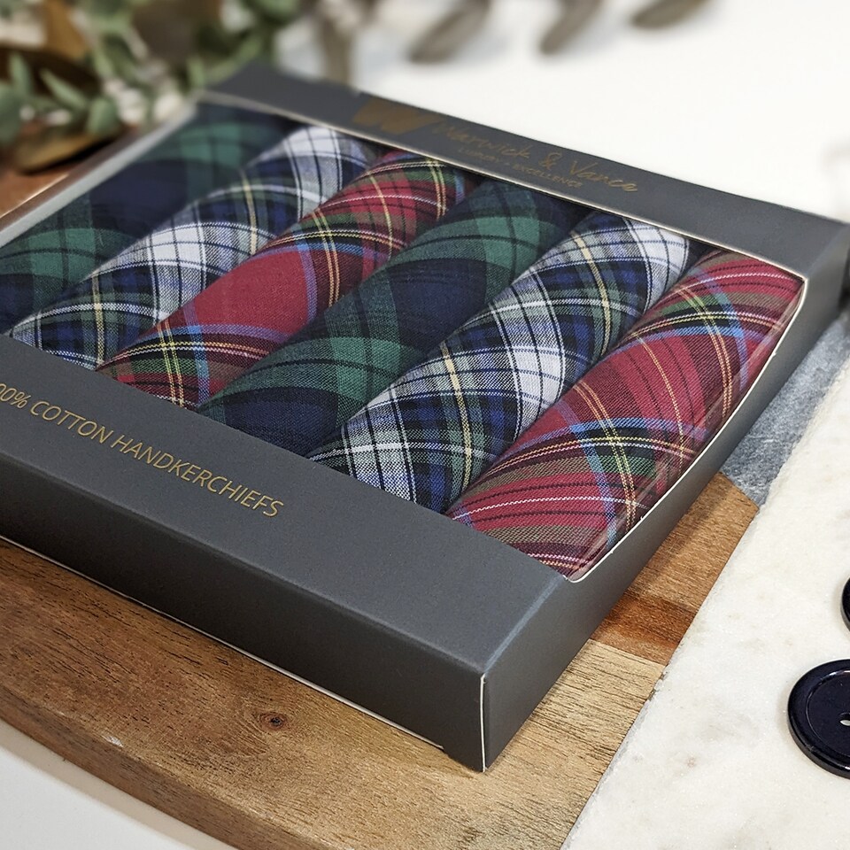 image 1 of Warwick & Vance Pack Of 6 Tartan Design Cotton Handkerchiefs