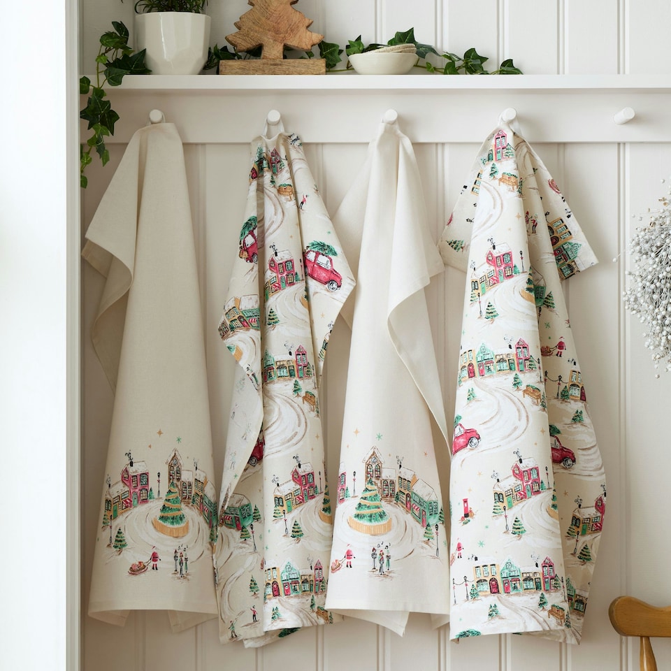 image 1 of Catherine Lansfield Christmas Town Cotton Kitchen Tea Towel Pack of 4 Natural | Cream | Natural | One size | 4