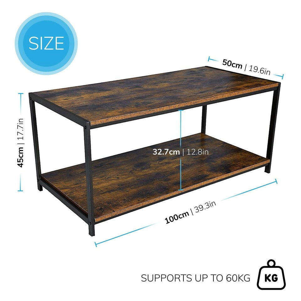 image 1 of Coffee Table Rustic Wooden Brown Grain Finish Living Room Storage Shelf 2 Tier Brown