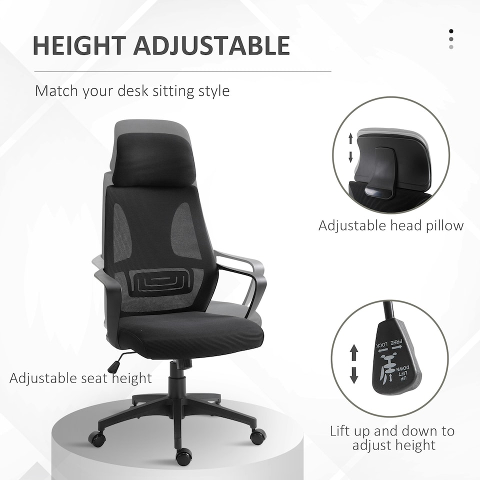 image 1 of Vinsetto Mesh Back Office Chair w/ Adjustable Height Padded Headrest Black